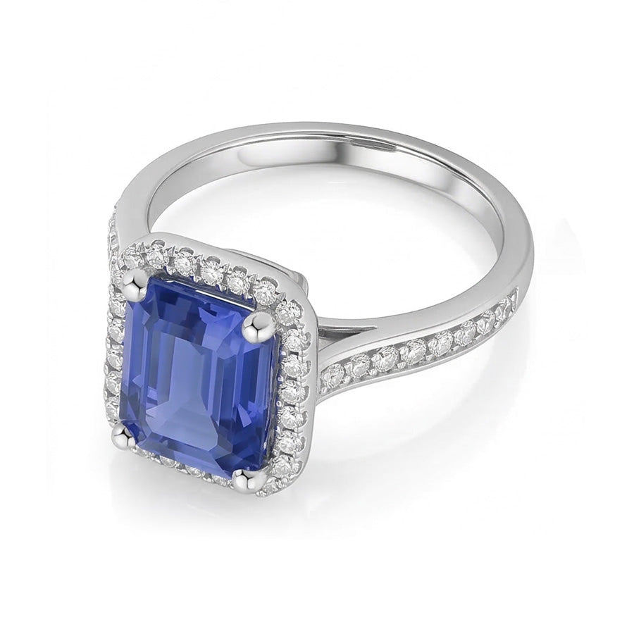 Halo Natural Earth Mined Diamond Blue Sapphire Wedding Ring Emerald Cut 3.50 Carats Gold