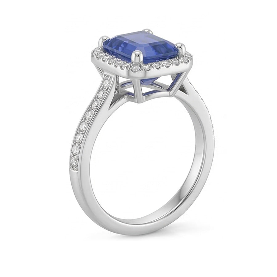 Halo Natural Earth Mined Diamond Blue Sapphire Wedding Ring Emerald Cut 3.50 Carats Gold