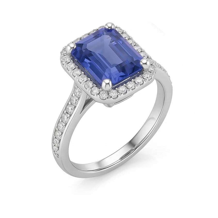 Halo Natural Earth Mined Diamond Blue Sapphire Wedding Ring Emerald Cut 3.50 Carats Gold
