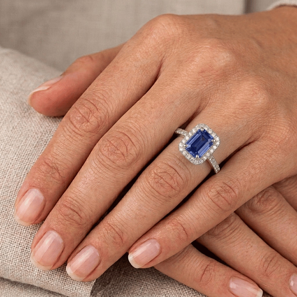 Halo Natural Earth Mined Diamond Blue Sapphire Wedding Ring Emerald Cut 3.50 Carats Gold