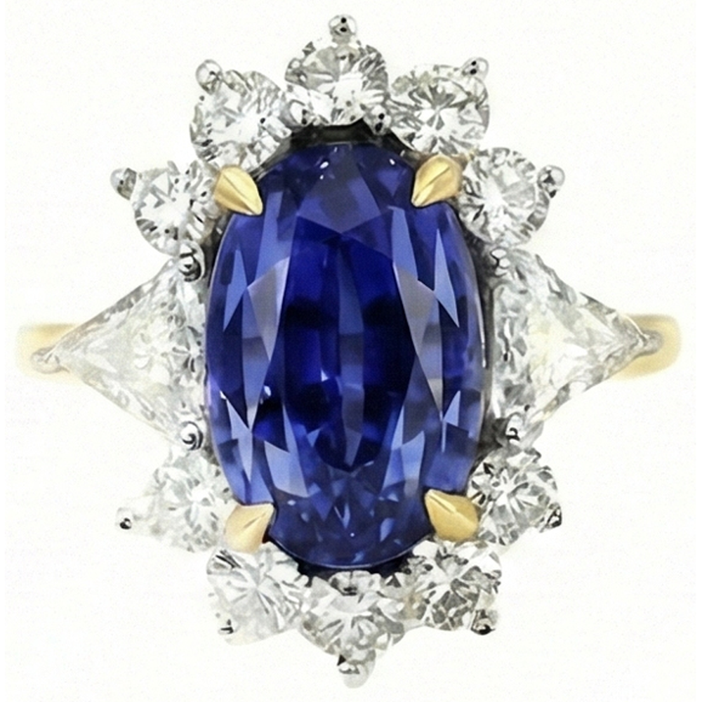 Halo Natural Earth Mined Diamond Ceylon Sapphire Ring 4.25 Carats Two Tone Sunburst Style