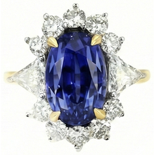 Halo Natural Earth Mined Diamond Ceylon Sapphire Ring 4.25 Carats Two Tone Sunburst Style