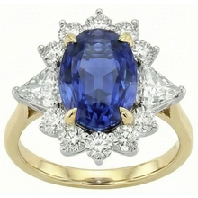 Halo Natural Earth Mined Diamond Ceylon Sapphire Ring 4.25 Carats Two Tone Sunburst Style