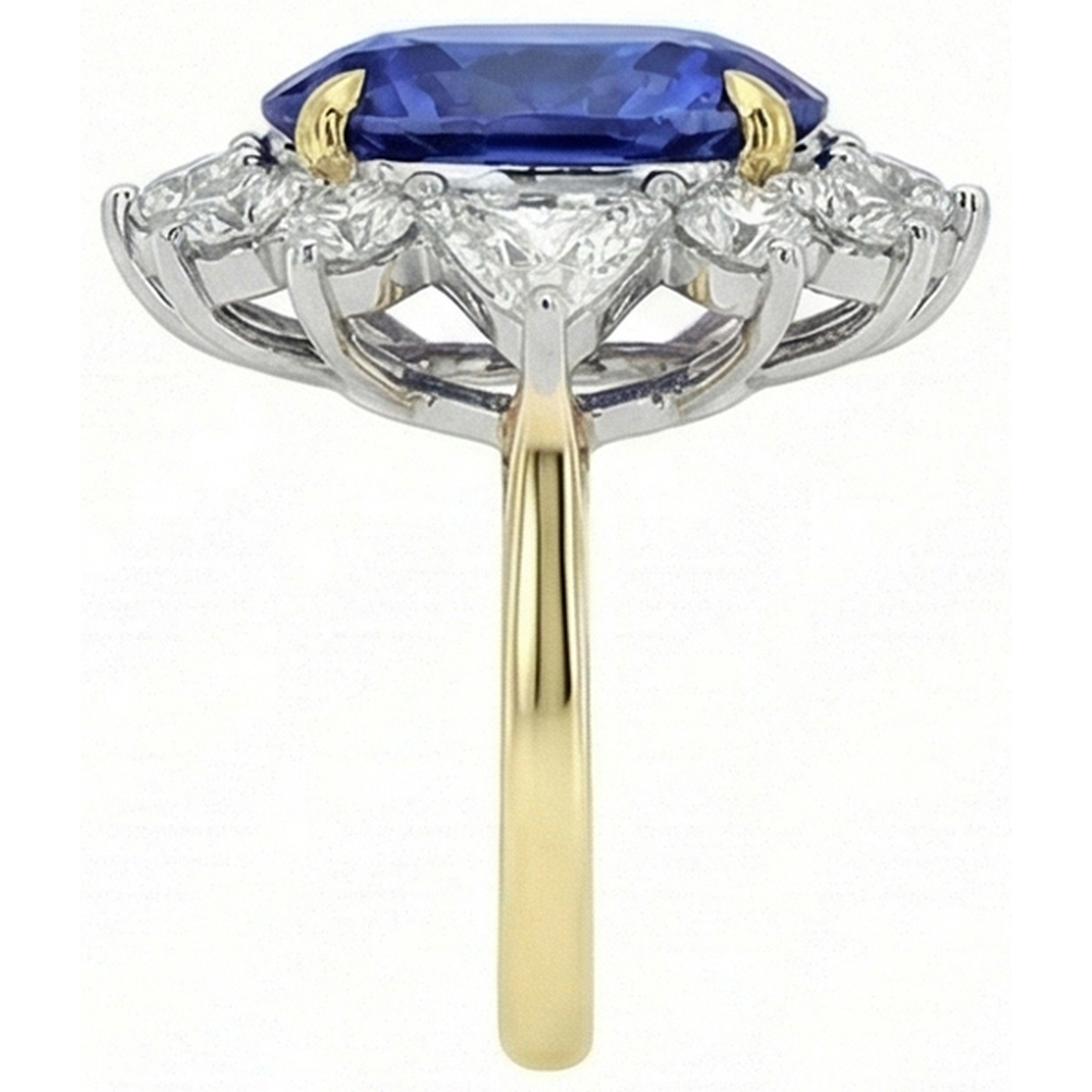 Halo Natural Earth Mined Diamond Ceylon Sapphire Ring 4.25 Carats Two Tone Sunburst Style