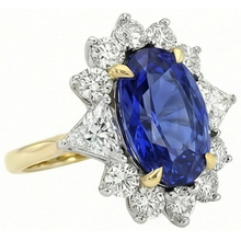 Halo Natural Earth Mined Diamond Ceylon Sapphire Ring 4.25 Carats Two Tone Sunburst Style