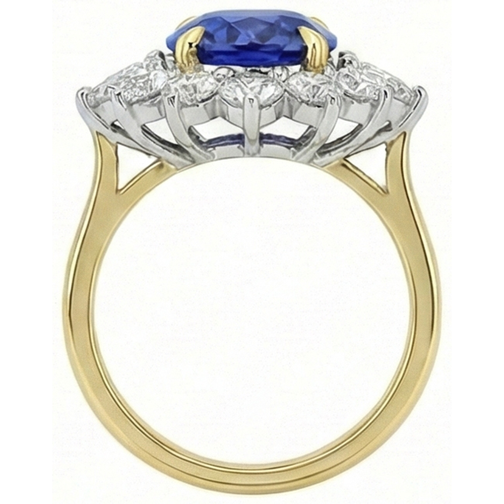 Halo Natural Earth Mined Diamond Ceylon Sapphire Ring 4.25 Carats Two Tone Sunburst Style