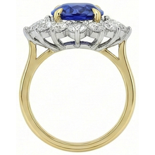 Halo Natural Earth Mined Diamond Ceylon Sapphire Ring 4.25 Carats Two Tone Sunburst Style