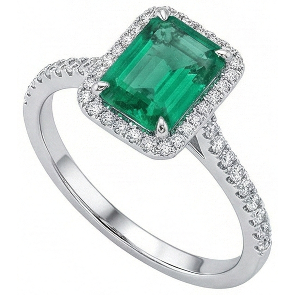 Halo Natural Earth Mined Diamond Colombian Green Emerald Engagement Ring 3.55 Carats White Gold