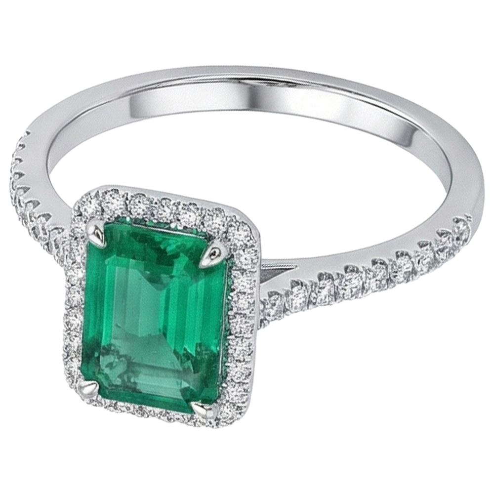 Halo Natural Earth Mined Diamond Colombian Green Emerald Engagement Ring 3.55 Carats White Gold