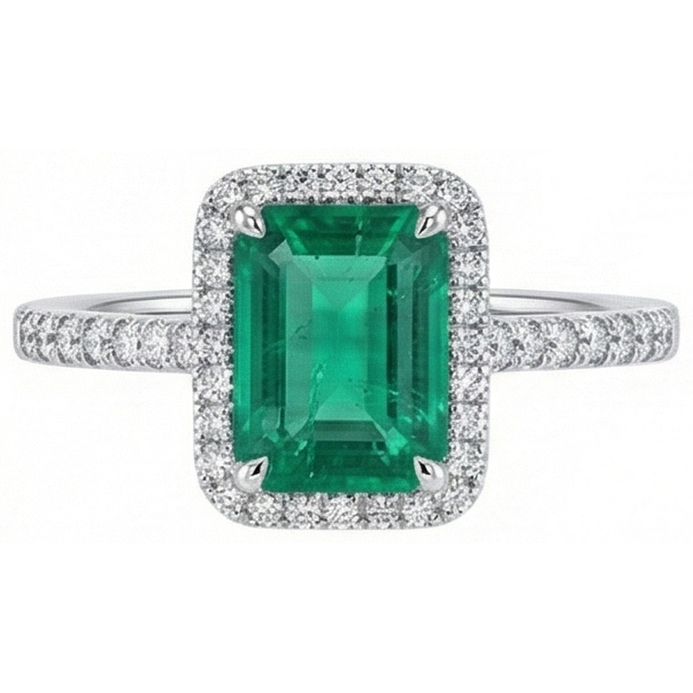 Halo Natural Earth Mined Diamond Colombian Green Emerald Engagement Ring 3.55 Carats White Gold