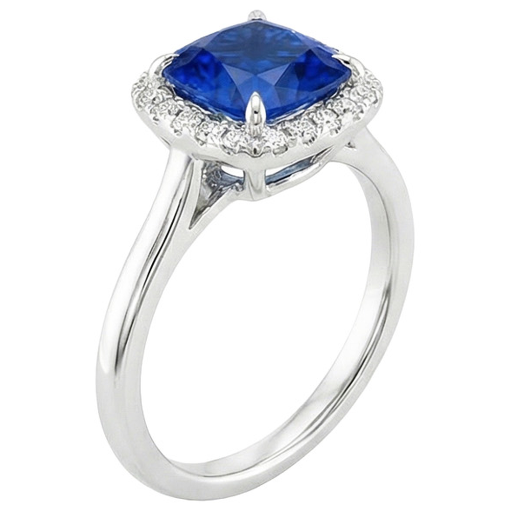 Halo Natural Earth Mined Diamond Engagement Ring Prong Set Blue Sapphire Gold 2.75 Carats