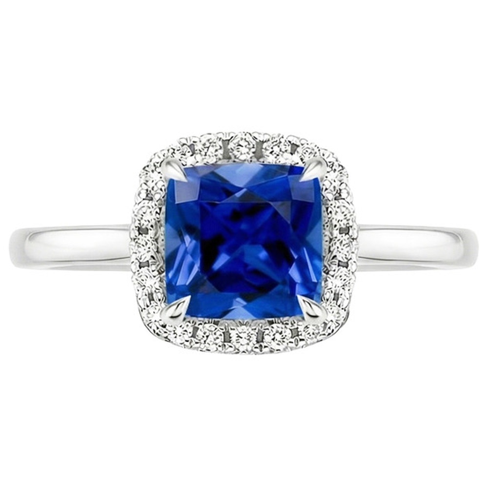 Halo Natural Earth Mined Diamond Engagement Ring Prong Set Blue Sapphire Gold 2.75 Carats