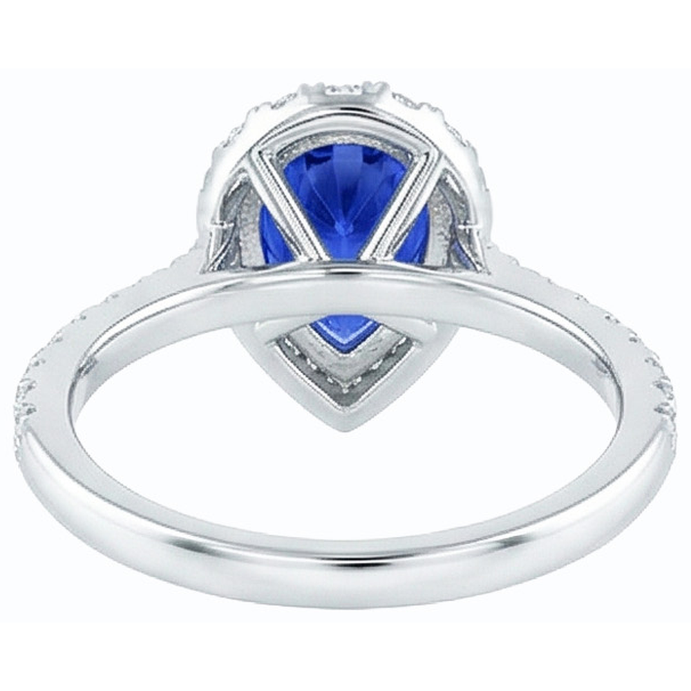 Halo Natural Earth Mined Diamond Jewellery Pear Blue Sapphire Ring 4 Carats White Gold 14K