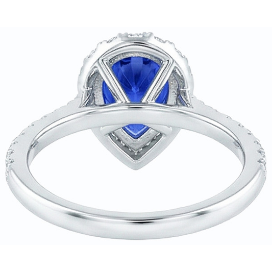 Halo Natural Earth Mined Diamond Jewellery Pear Blue Sapphire Ring 4 Carats White Gold 14K