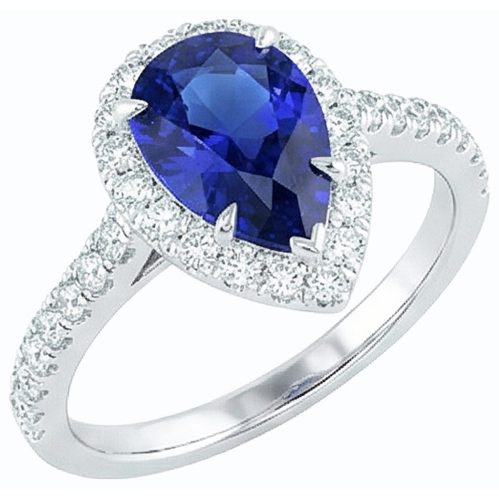 Halo Natural Earth Mined Diamond Jewellery Pear Blue Sapphire Ring 4 Carats White Gold 14K