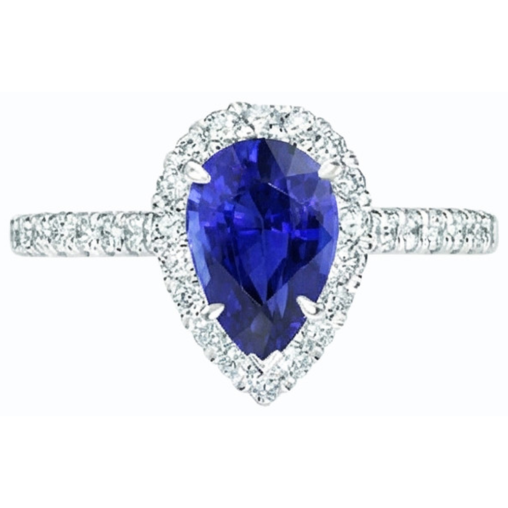 Halo Natural Earth Mined Diamond Jewellery Pear Blue Sapphire Ring 4 Carats White Gold 14K