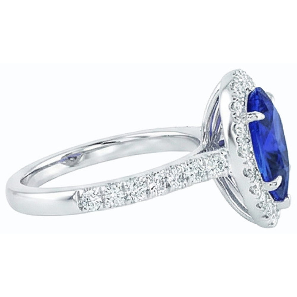 Halo Natural Earth Mined Diamond Jewellery Pear Blue Sapphire Ring 4 Carats White Gold 14K