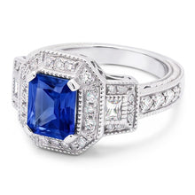 Halo Natural Earth Mined Diamond Radiant Sapphire Ring 2.50 Carats Vintage Style Baguettes