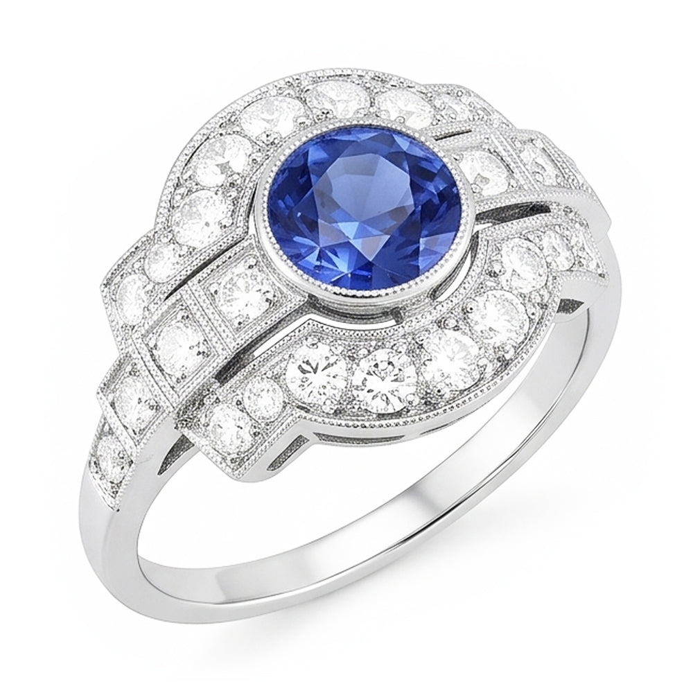 Halo Natural Earth Mined Diamond Ring Bezel Set Ceylon Sapphire 2.50 Carats Milgrain Shank