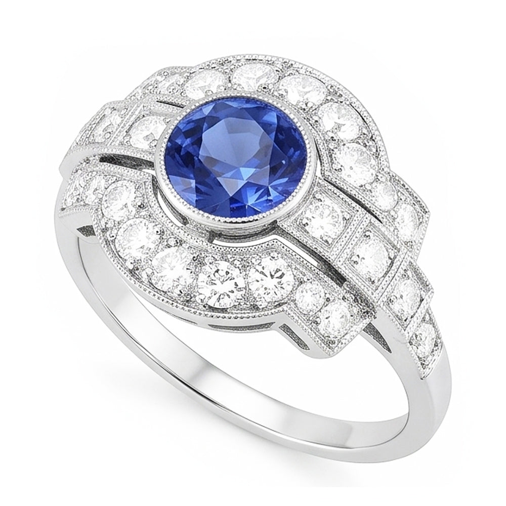 Halo Natural Earth Mined Diamond Ring Bezel Set Ceylon Sapphire 2.50 Carats Milgrain Shank