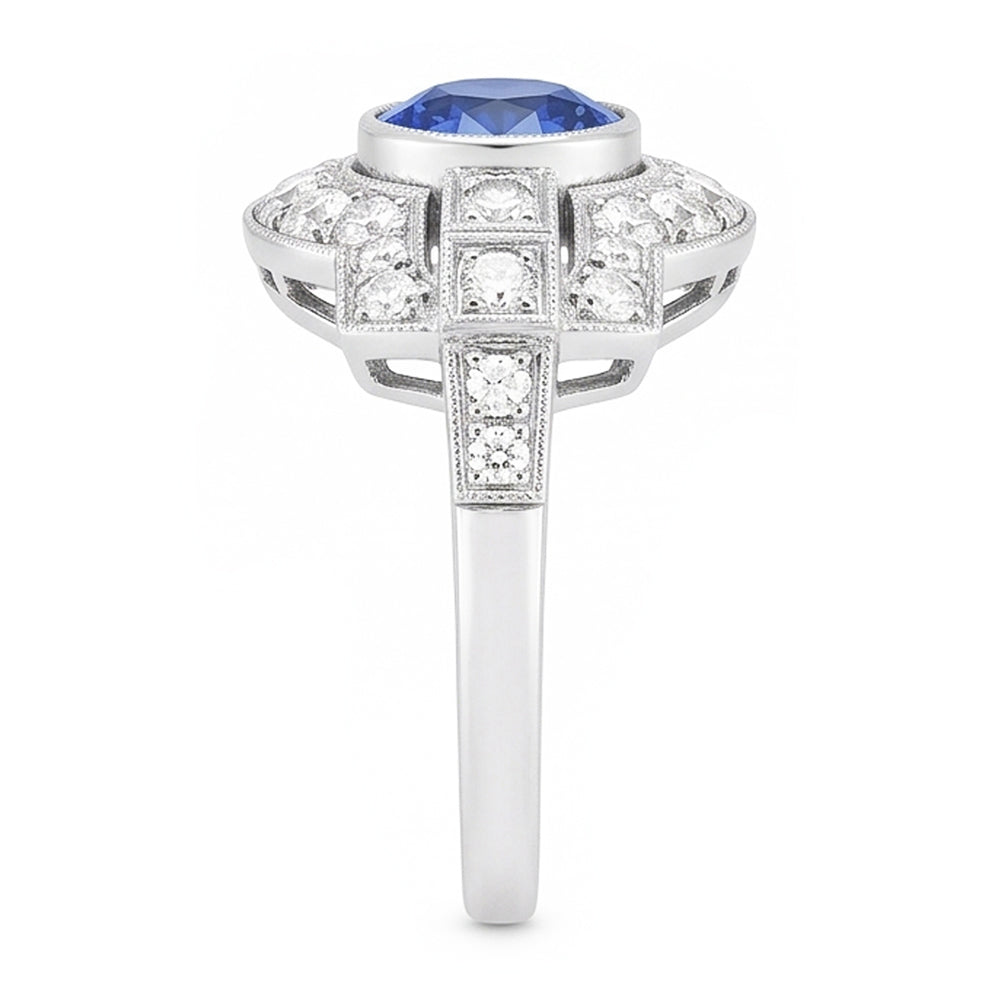 Halo Natural Earth Mined Diamond Ring Bezel Set Ceylon Sapphire 2.50 Carats Milgrain Shank