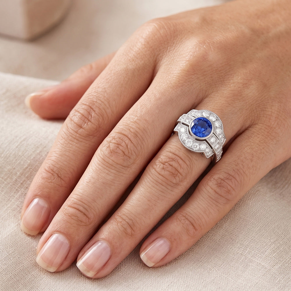 Halo Natural Earth Mined Diamond Ring Bezel Set Ceylon Sapphire 2.50 Carats Milgrain Shank