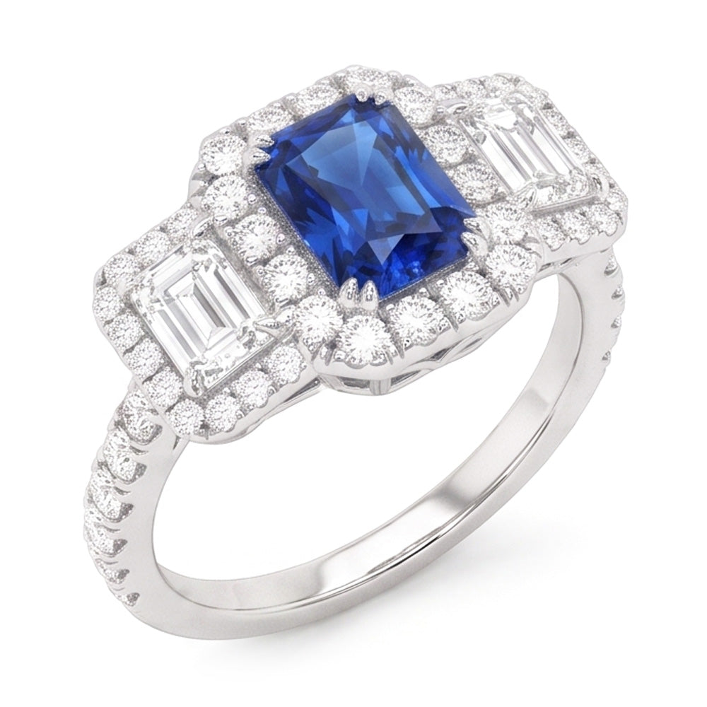 Halo Natural Earth Mined Diamond Ring Deep Blue Sapphire Emerald & Round Accents 3 Carats