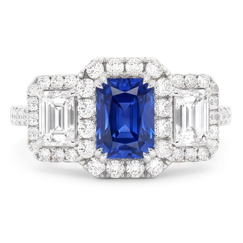 Halo Natural Earth Mined Diamond Ring Deep Blue Sapphire Emerald & Round Accents 3 Carats