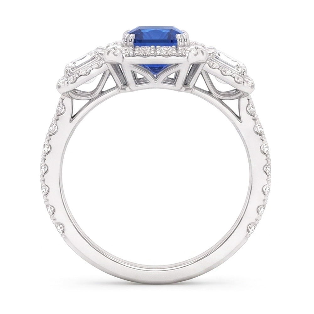 Halo Natural Earth Mined Diamond Ring Deep Blue Sapphire Emerald & Round Accents 3 Carats