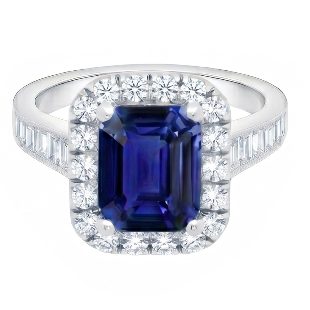 Halo Natural Earth Mined Diamond Ring Emerald Blue Sapphire Jewellery 3 Carats Channel Set