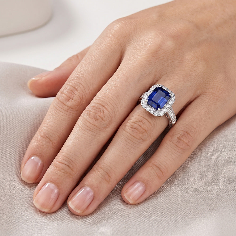 Halo Natural Earth Mined Diamond Ring Emerald Blue Sapphire Jewellery 3 Carats Channel Set