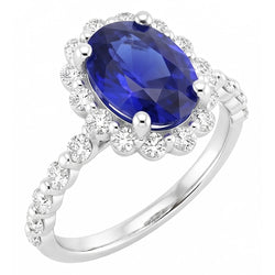 Halo Natural Earth Mined Diamond Ring Flower Style Sri Lankan Sapphire 4 Carats