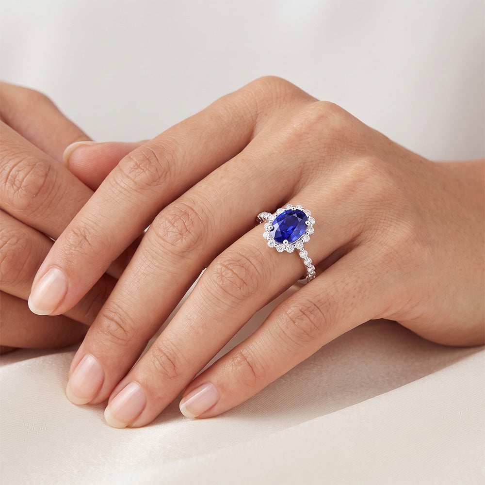 Halo Natural Earth Mined Diamond Ring Flower Style Sri Lankan Sapphire 4 Carats