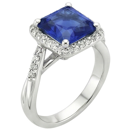 Halo Natural Earth Mined Diamond Ring Square Shape Ceylon Blue Sapphire Center 4 Carats