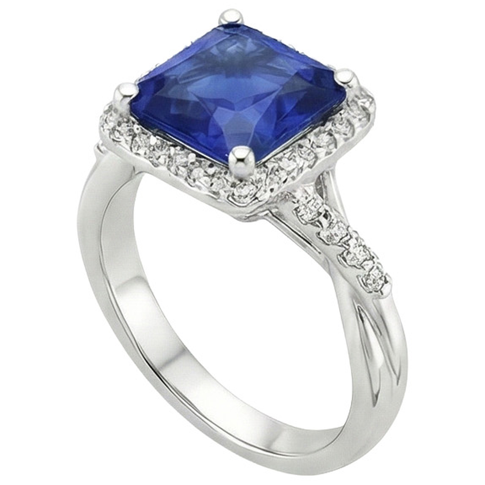 Halo Natural Earth Mined Diamond Ring Square Shape Ceylon Blue Sapphire Center 4 Carats