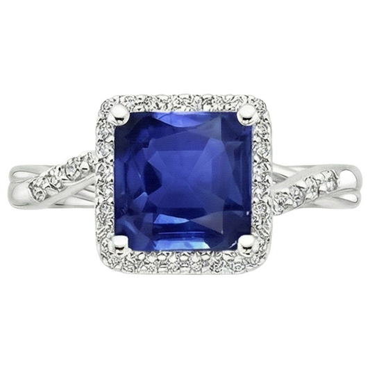 Halo Natural Earth Mined Diamond Ring Square Shape Ceylon Blue Sapphire Center 4 Carats