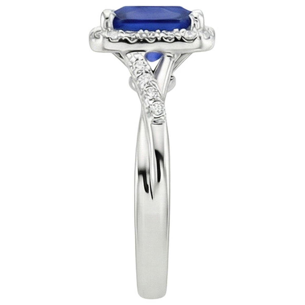 Halo Natural Earth Mined Diamond Ring Square Shape Ceylon Blue Sapphire Center 4 Carats
