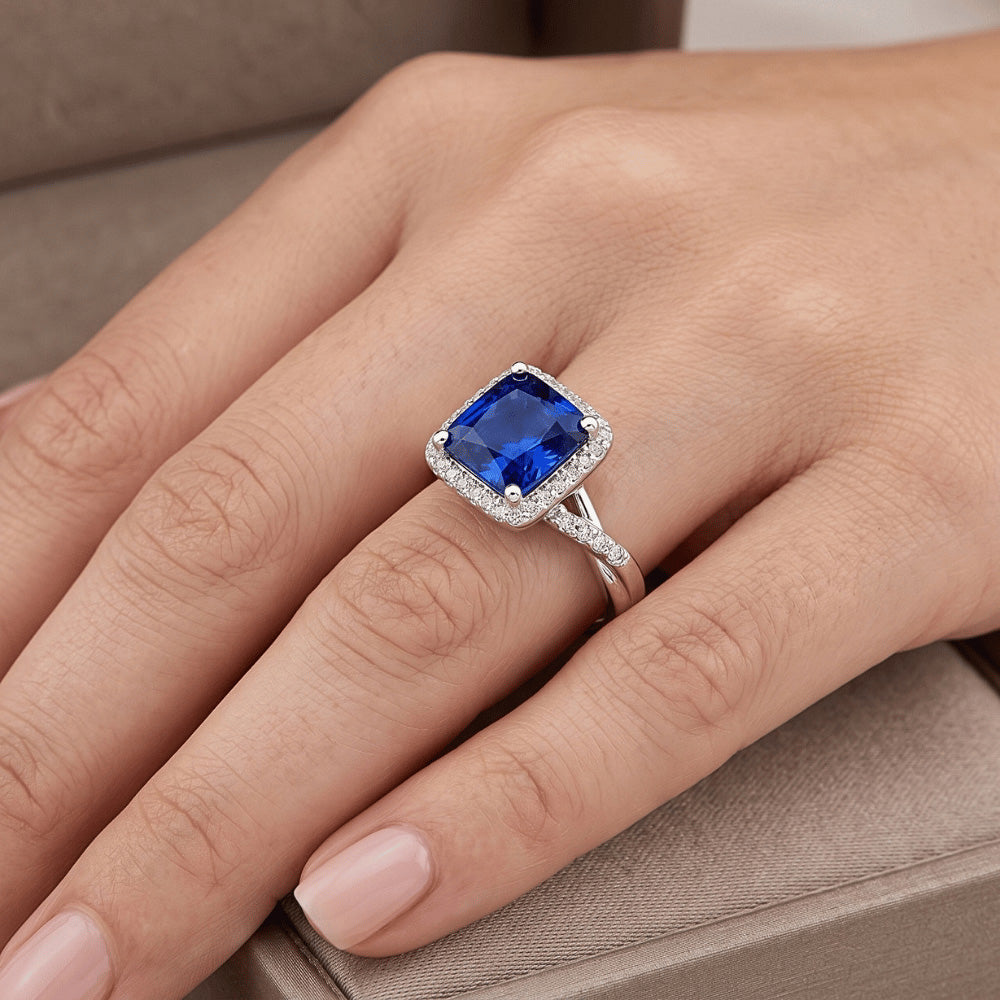Halo Natural Earth Mined Diamond Ring Square Shape Ceylon Blue Sapphire Center 4 Carats