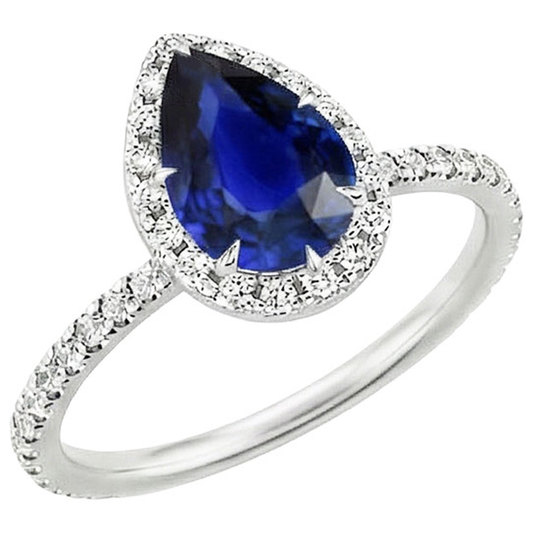 Halo Natural Earth Mined Diamond Ring Teardrop Style Blue Sapphire With Accents 5.50 Carat