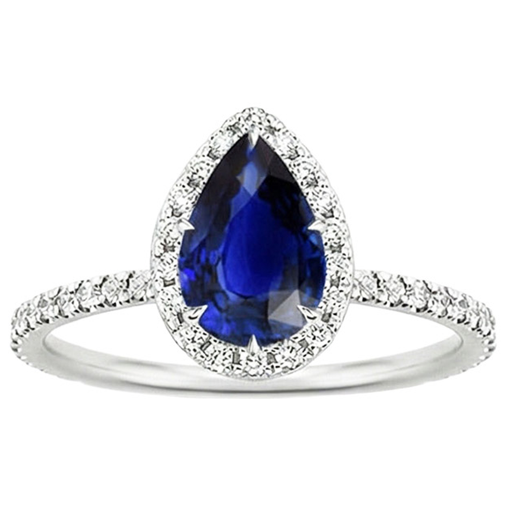Halo Natural Earth Mined Diamond Ring Teardrop Style Blue Sapphire With Accents 5.50 Carat