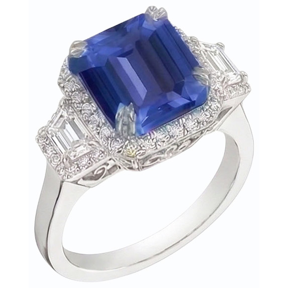 Halo Natural Earth Mined Diamond Ring Trapezoid & Round Accents 4 Carat Deep Blue Sapphire