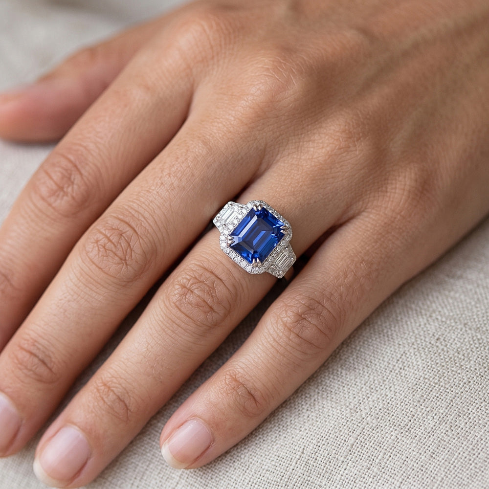 Halo Natural Earth Mined Diamond Ring Trapezoid & Round Accents 4 Carat Deep Blue Sapphire