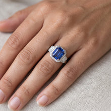 Halo Natural Earth Mined Diamond Ring Trapezoid & Round Accents 4 Carat Deep Blue Sapphire