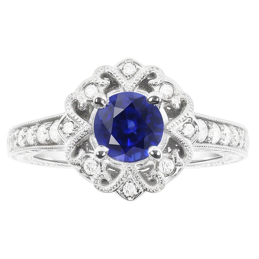 Halo Natural Earth Mined Diamond Ring Vintage Style Sapphire 3 Carat Filigree Flower Style