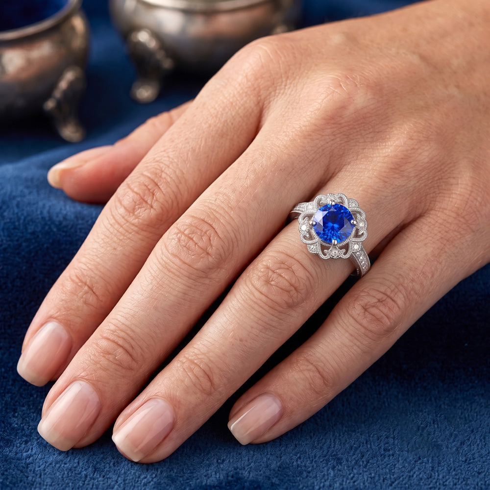 Halo Natural Earth Mined Diamond Ring Vintage Style Sapphire 3 Carat Filigree Flower Style