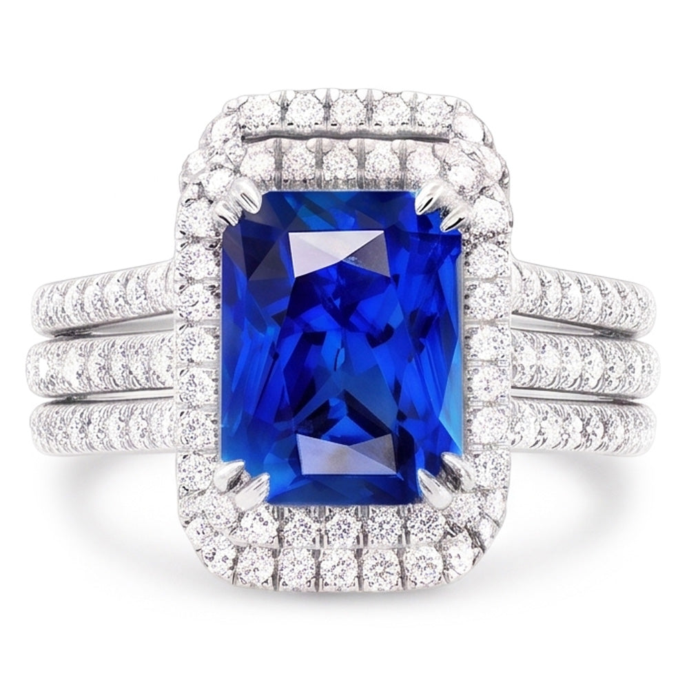 Halo Natural Earth Mined Diamond Sapphire Engagement Wedding Ring Set With Jacket 5 Carats