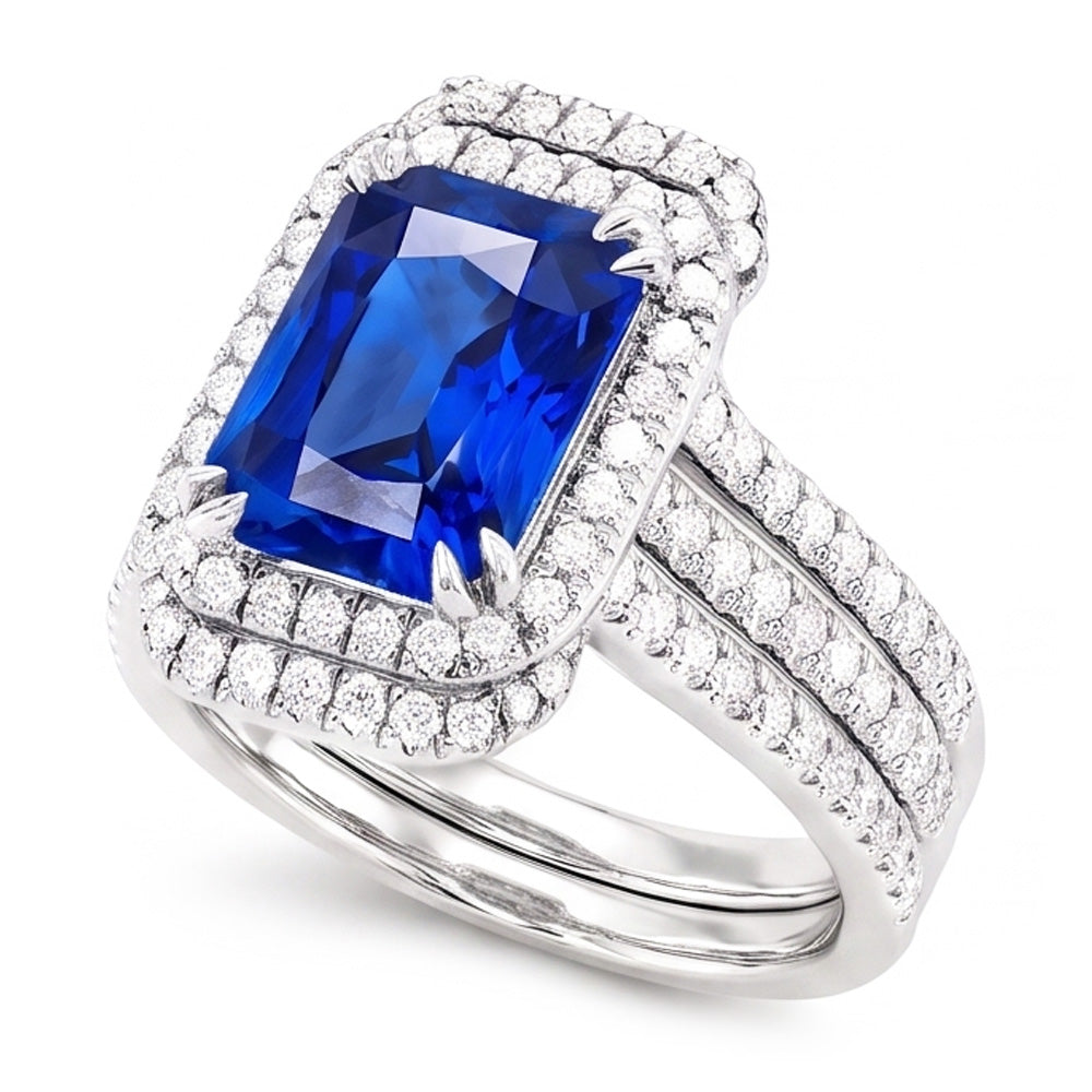Halo Natural Earth Mined Diamond Sapphire Engagement Wedding Ring Set With Jacket 5 Carats