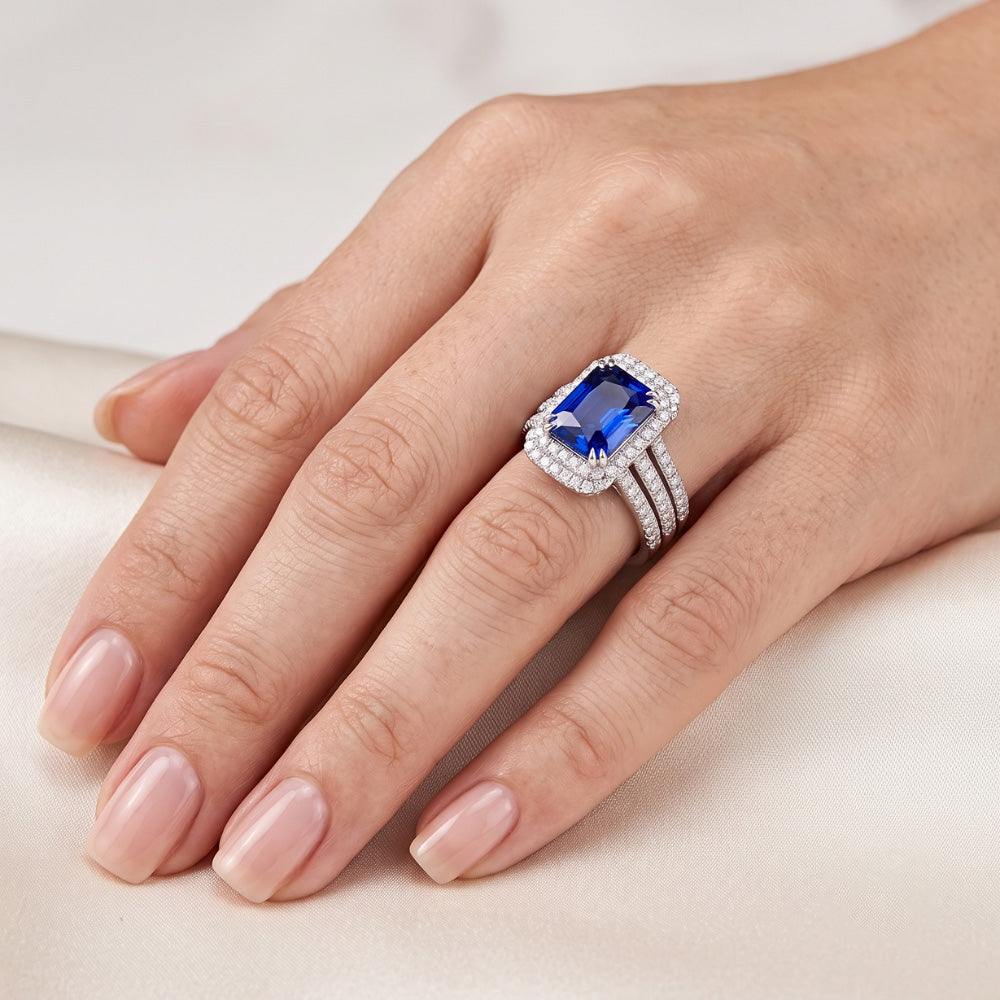 Halo Natural Earth Mined Diamond Sapphire Engagement Wedding Ring Set With Jacket 5 Carats