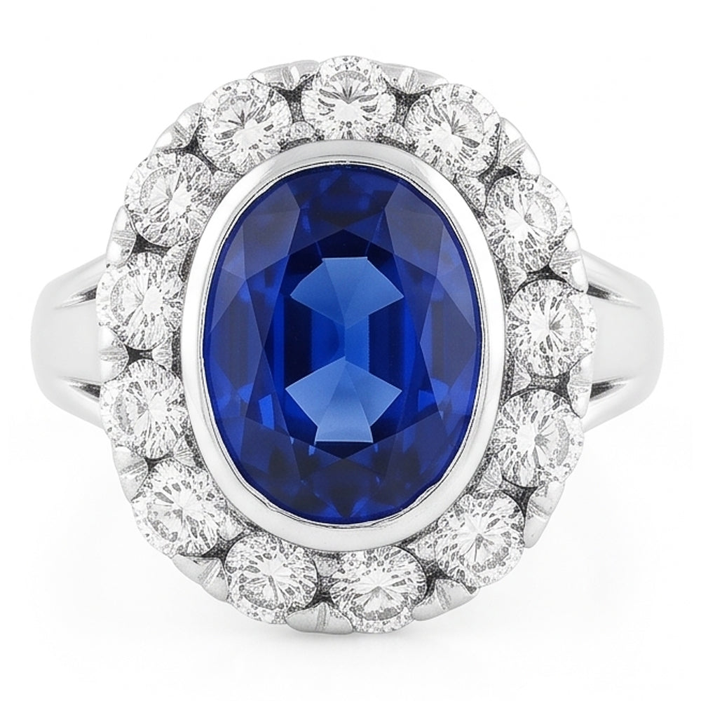 Halo Natural Earth Mined Diamond Wedding Ring Oval Ceylon Sapphire Bezel Set 4.50 Carats