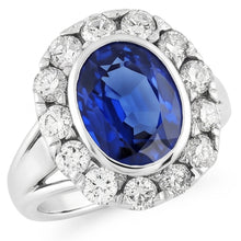 Halo Natural Earth Mined Diamond Wedding Ring Oval Ceylon Sapphire Bezel Set 4.50 Carats